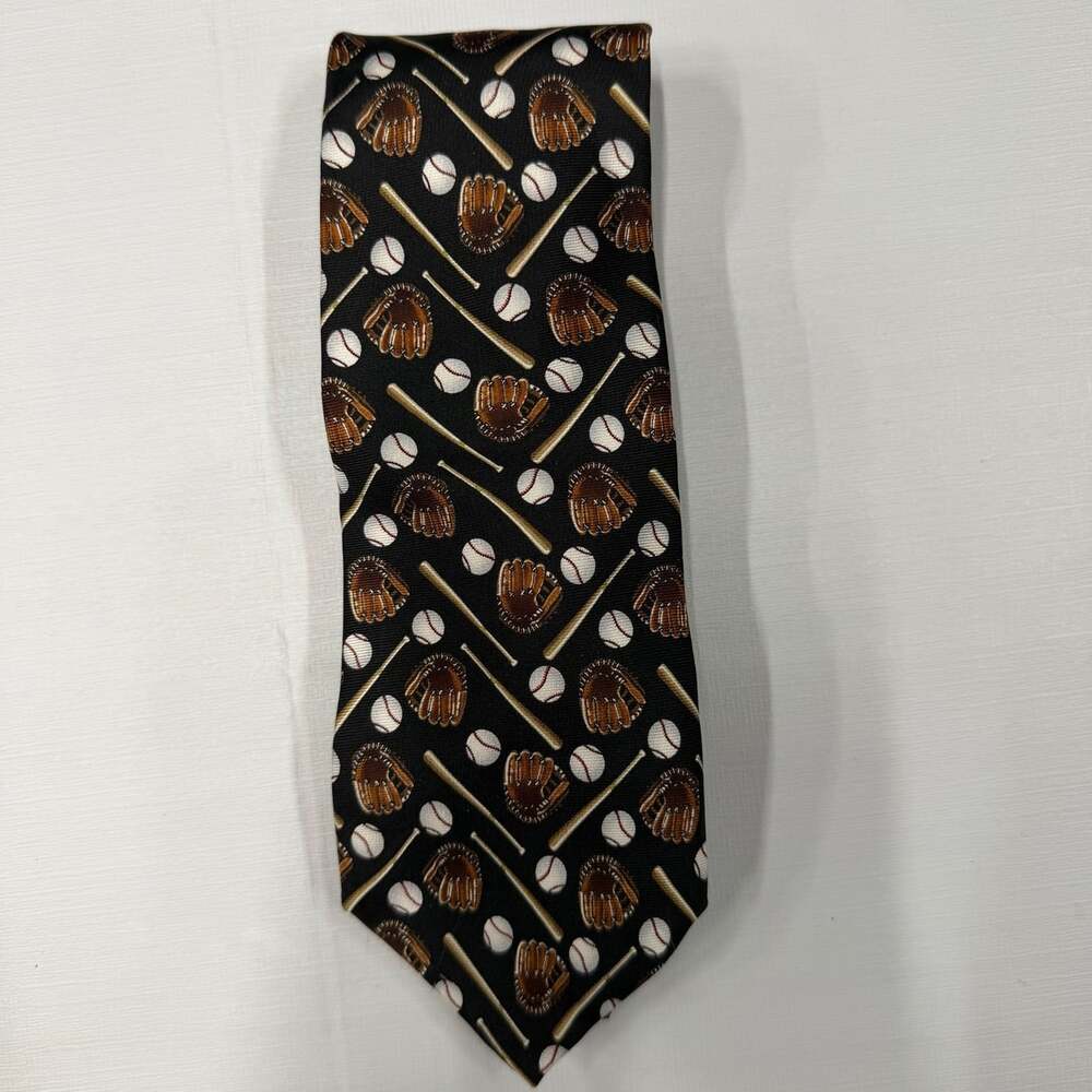 Baseball Themed neck tie 49" black with baseballs and bats